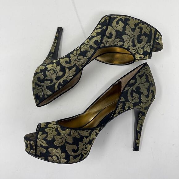 Nine West Women's Celestria D'Orsay Peep Toe Heels Slip On Black Gold Brocade 6M - Picture 4 of 9
